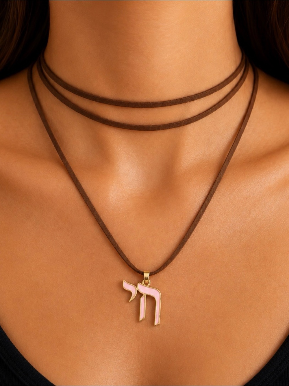 Gold Hebrew Letter Chai Pendant Necklace - Brown Strap - pink Enamel